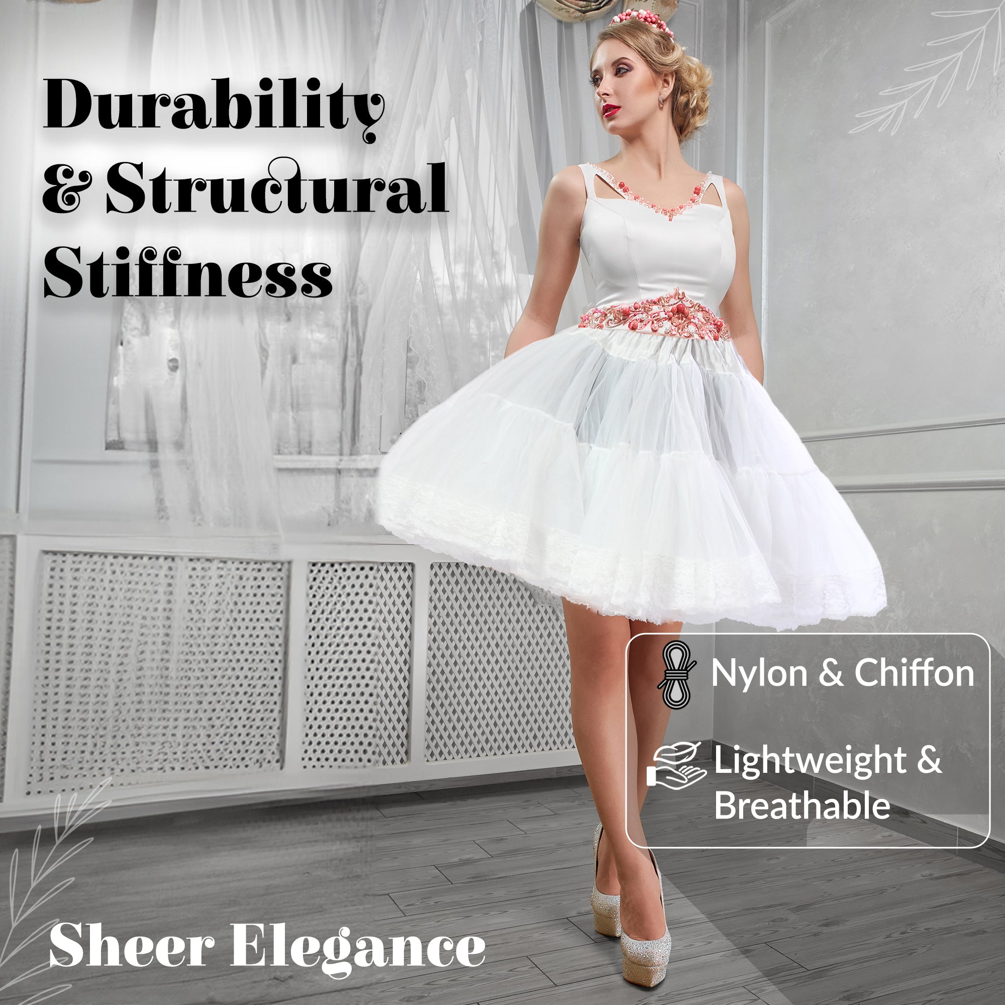 Zooey Luxury Chiffon Adult Petticoat Slip-White