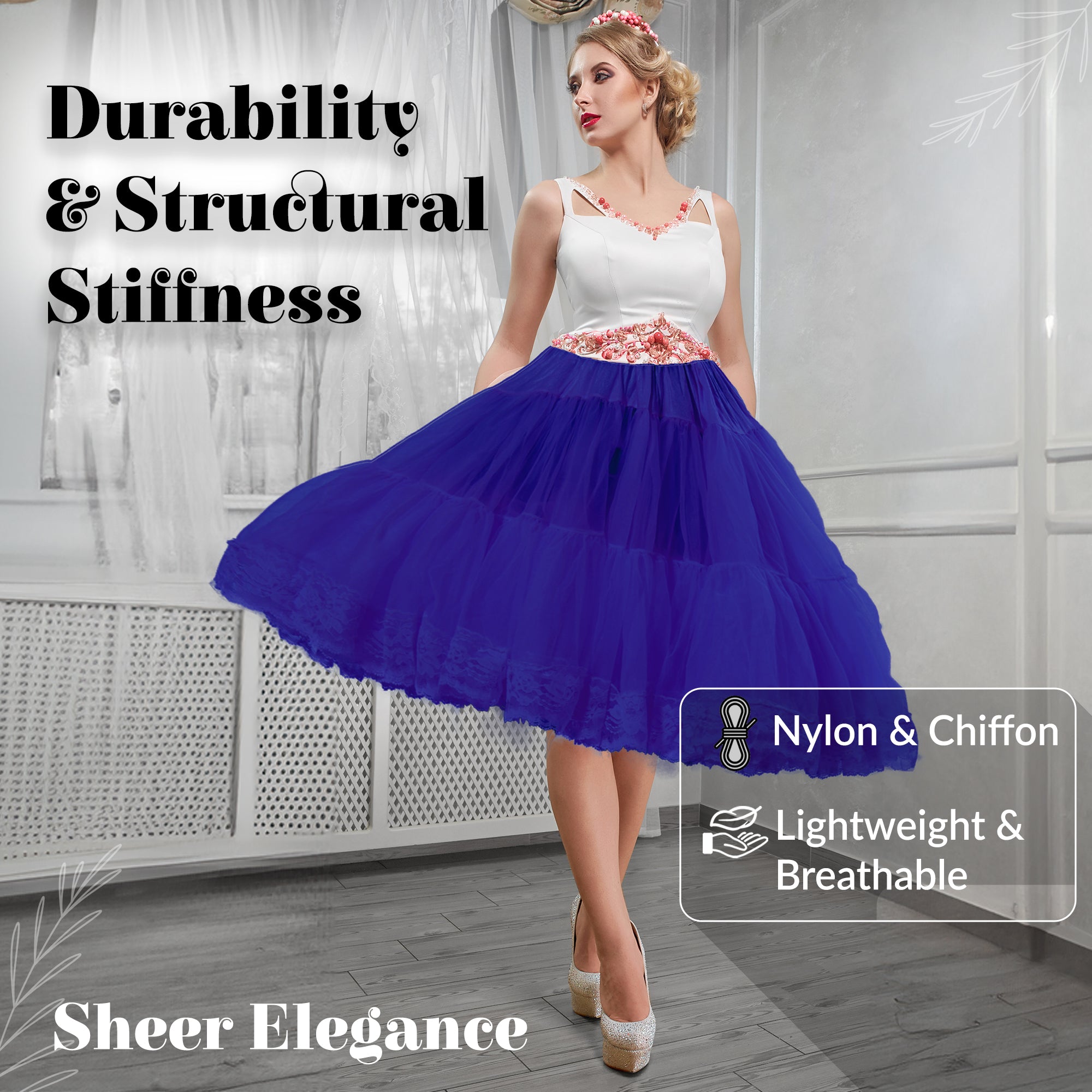 Zooey Luxury Chiffon Adult Petticoat Slip-Royal Blue