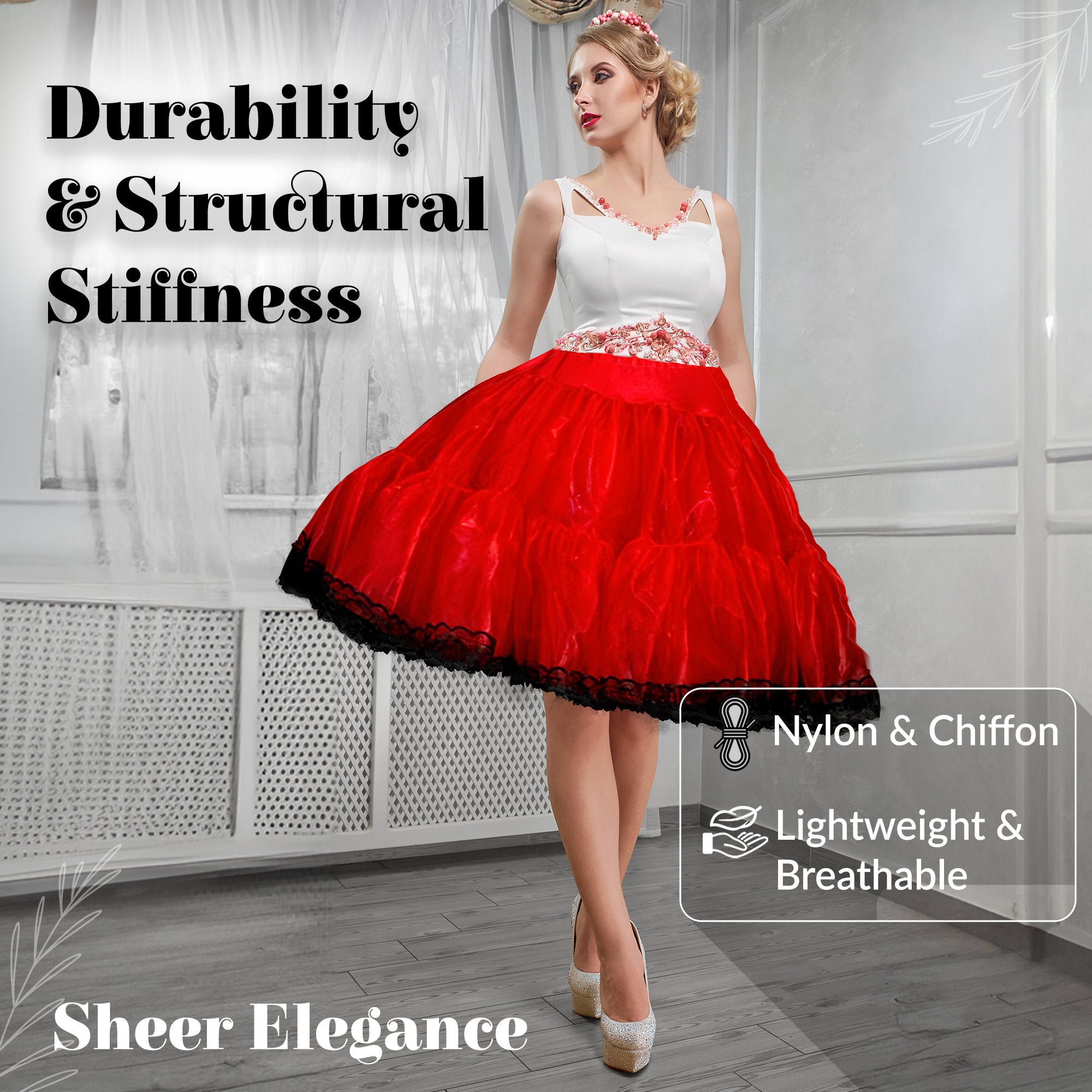 Zooey Luxury Chiffon Adult Petticoat Slip-Red/Black