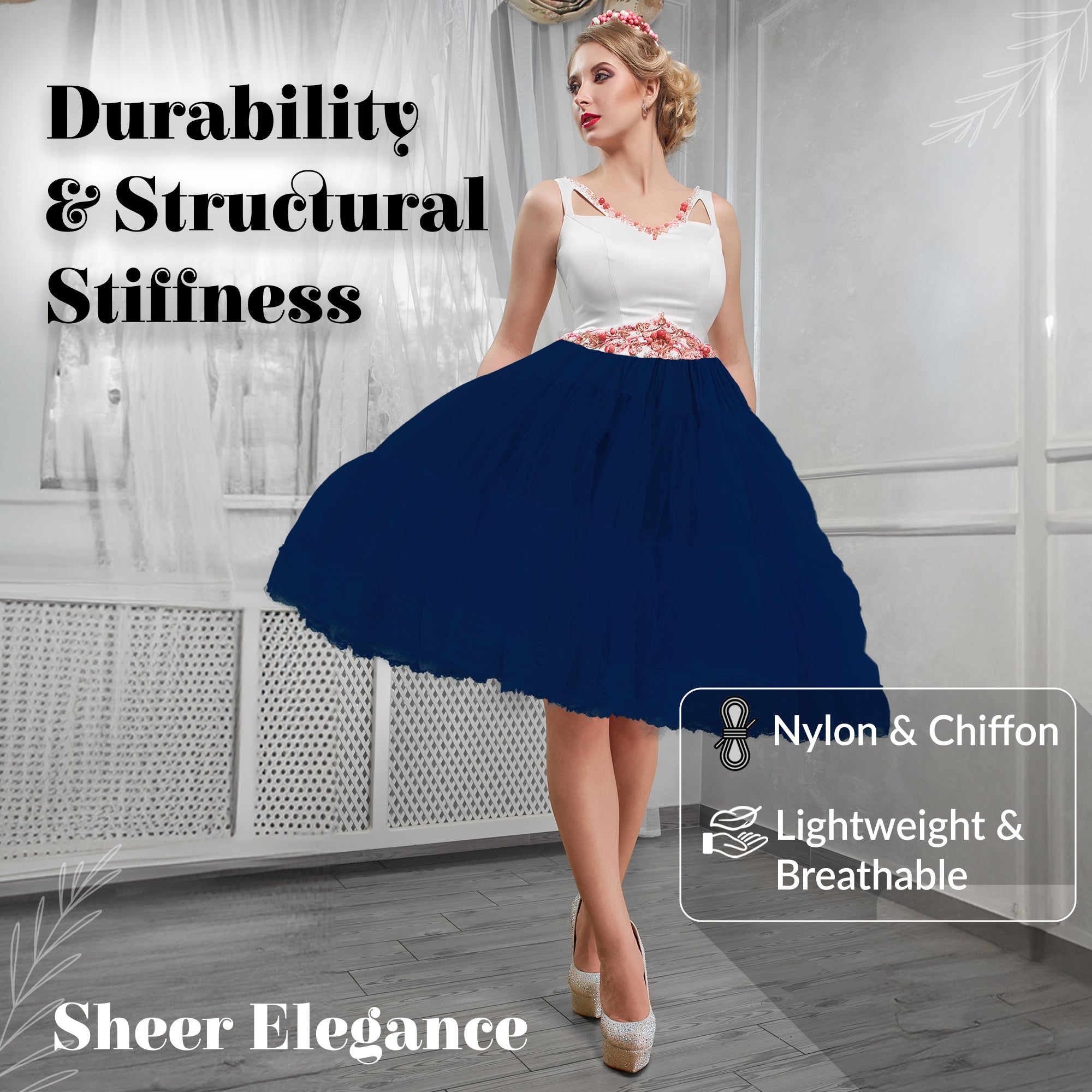 Zooey Luxury Chiffon Adult Petticoat Slip-Navy Blue