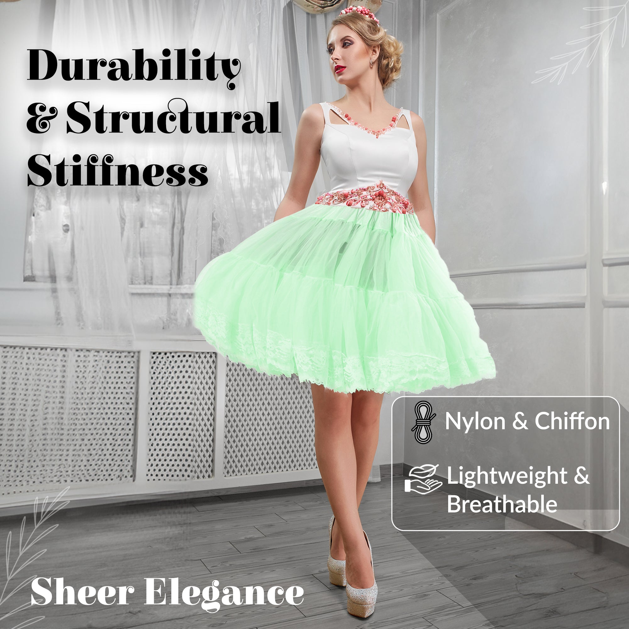 Zooey Luxury Chiffon Adult Petticoat Slip-Mint