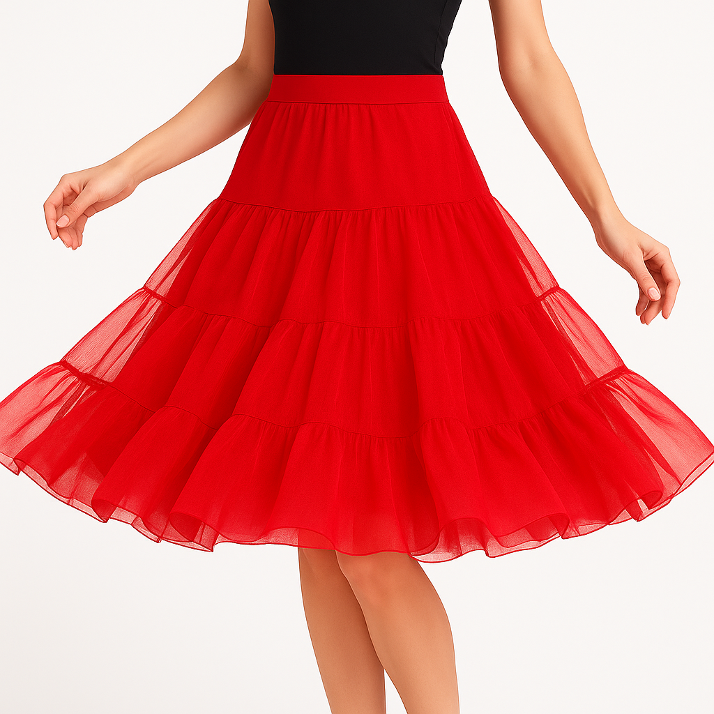 Malco Modes Tea-Length Red Petticoat Skirt – Vintage 50s Crinoline Underskirt for Dresses, Weddings & Halloween Costumes