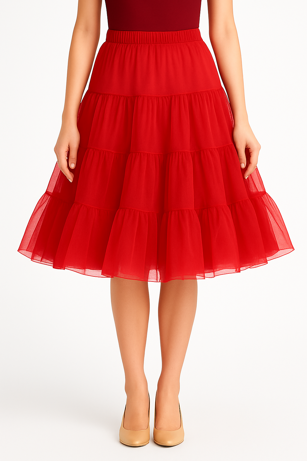 Malco Modes Tea-Length Red Petticoat Skirt – Vintage 50s Crinoline Underskirt for Dresses, Weddings & Halloween Costumes