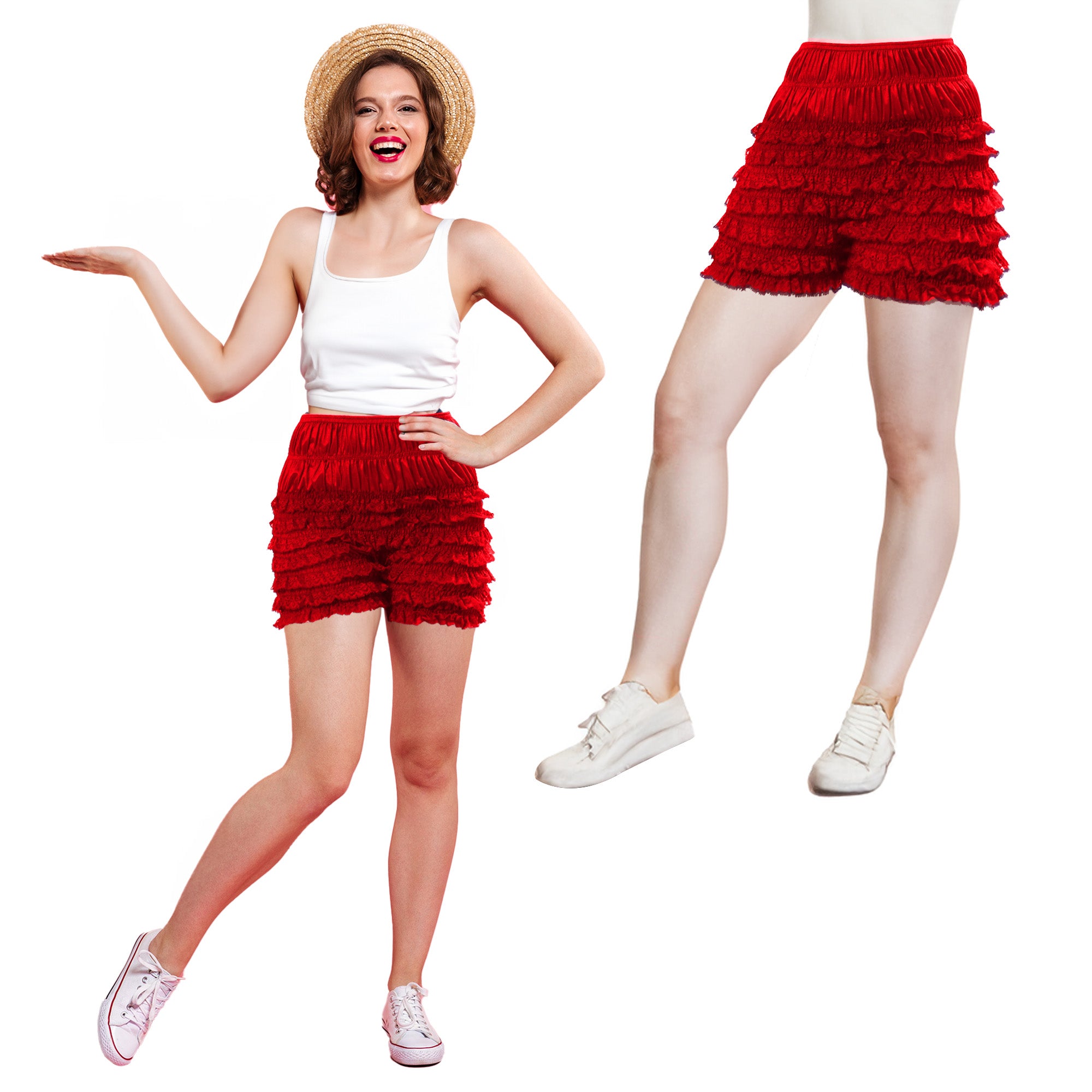 Malco Modes Lace Ruffle Red Shorts for Women