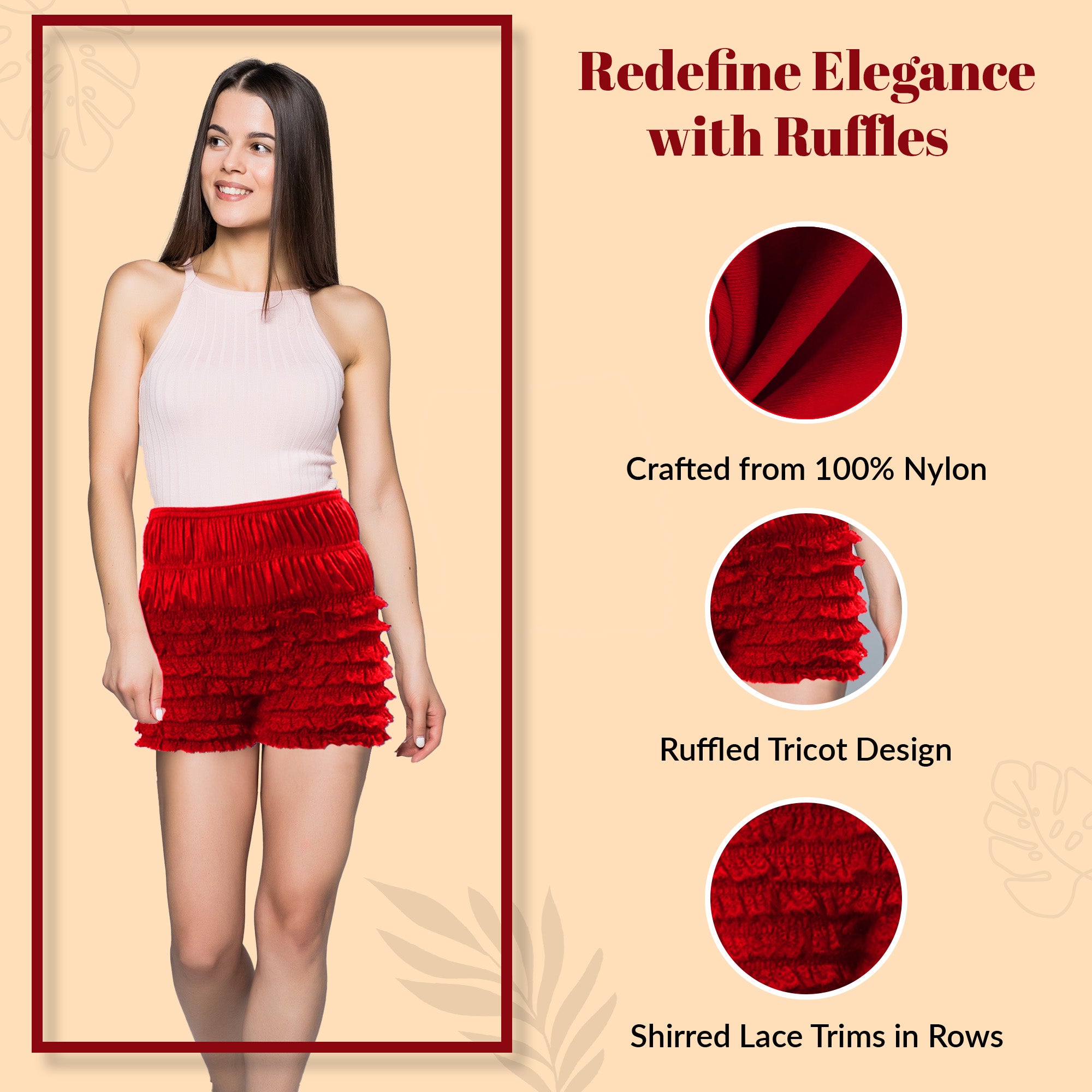 Malco Modes Lace Ruffle Red Shorts for Women
