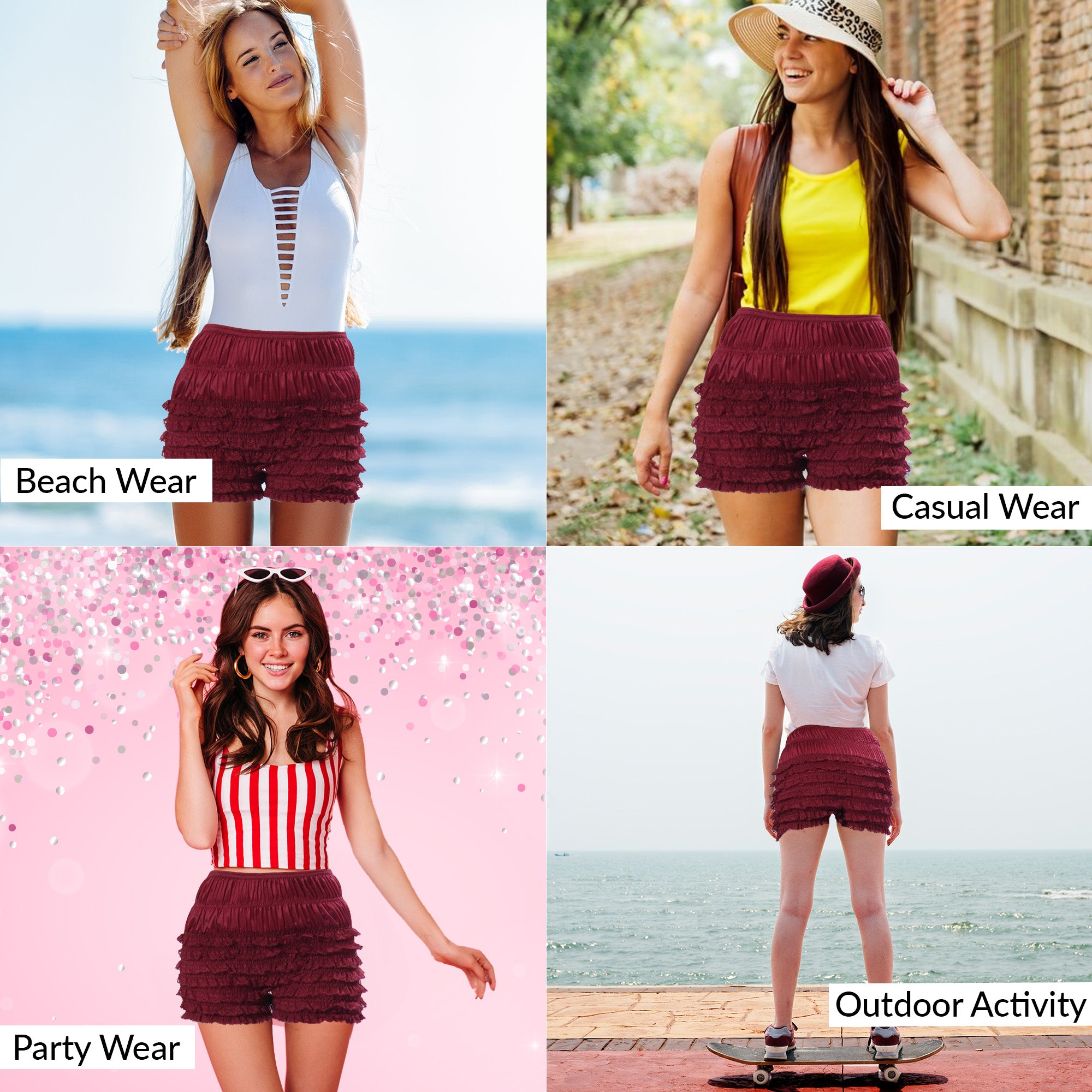 N20 Women's Sexy High Waist Ruffled Petti pants - Wine