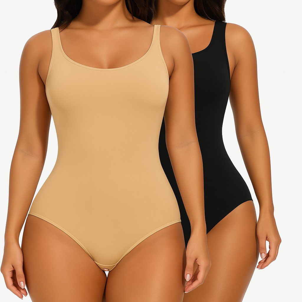Pack of 2 Women’s Seamless Tummy Control Bodysuits Black and Beige – Slimming Shapewear with Adjustable Straps | Invisible One-Piece Under Dresses, Jeans & Outfits
