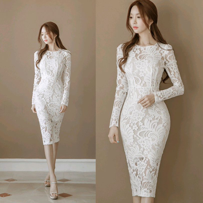 [product_type] Lace Slim Bag Hip Fashion Round Neck Long Dress Women's Step Skirt malcomodes-biz.myshopify.com