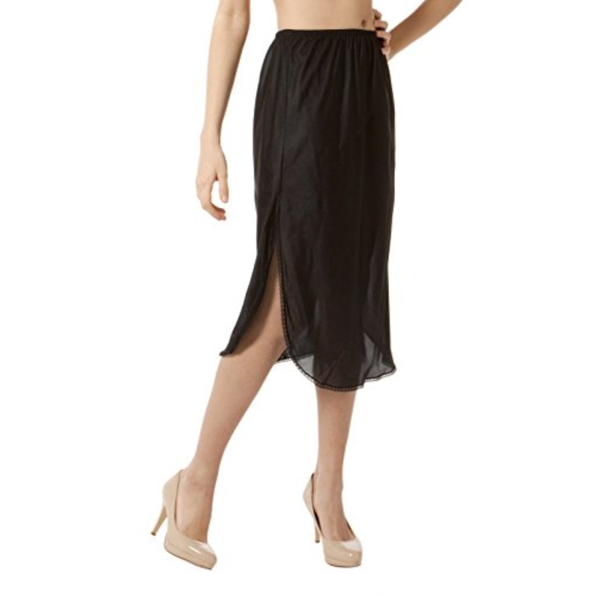 Luxury 30 in Double Slit Half Slip Nylon Underskirt with Lace-Black