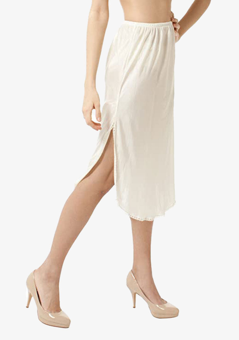Luxury 30 in Double Slit Half Slip Nylon Underskirt with Lace-Nude