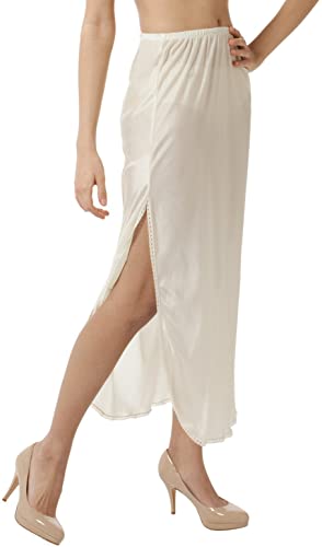 Luxury 38 in Double Slit Half Slip Nylon Underskirt with Lace-Nude