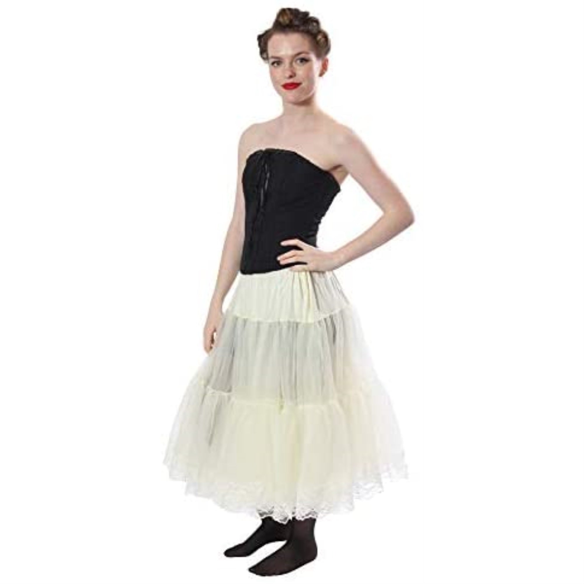 Tea Length Chiffon Crinoline Petticoat Slip with Lace-White